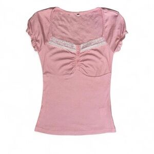 Brand New Womens Pink and White Lace Ruffle Button Short Sleeve Top